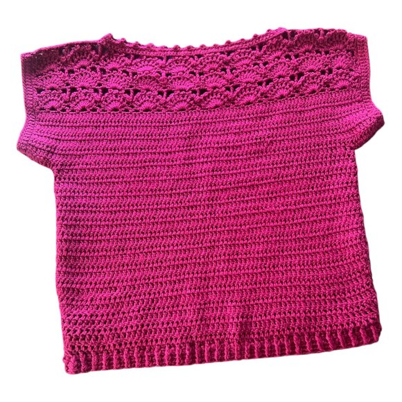 Handmade Knit Fuchsia  Pink Short Sleeve Holiday Cropped Sweater Christmas Small - Picture 5 of 6